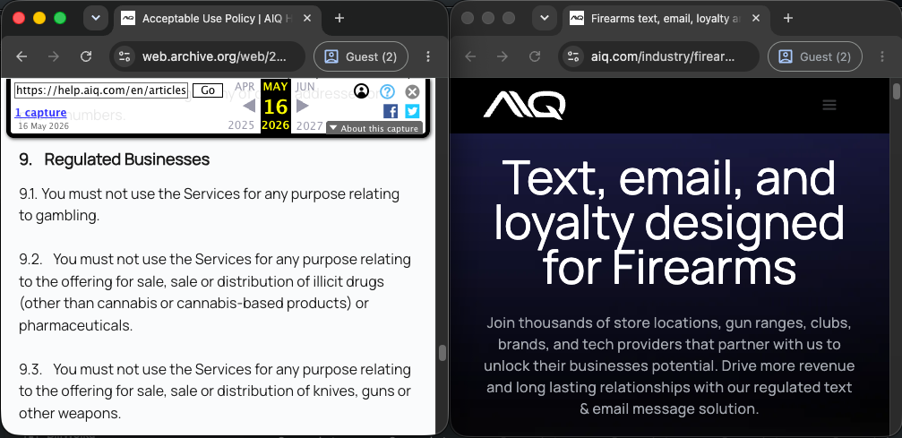 Side by side archived captures: AIQ acceptable use policy section 9.3 prohibiting sale of guns or other weapons, beside the AIQ firearms industry landing page marketing the platform to firearms businesses