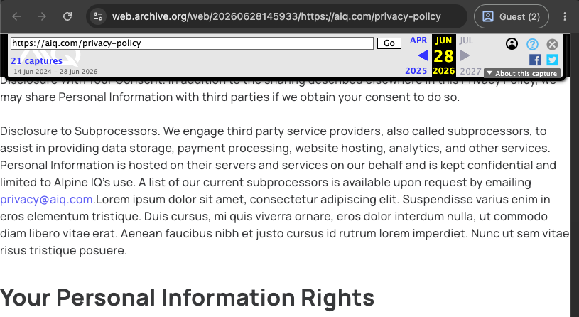 Archived screenshot of the AIQ privacy policy showing placeholder lorem ipsum text following the subprocessor paragraph