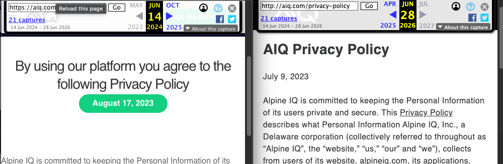 Side-by-side archived captures of the AIQ privacy policy showing the same July 9 2023 date stamp across revisions