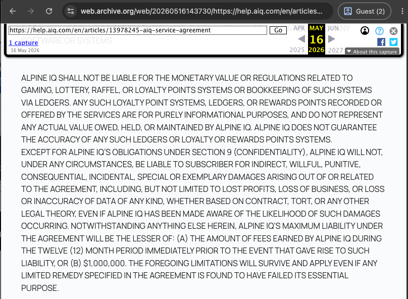 Archived screenshot of Alpine IQ services agreement section 11.5 disclaiming loyalty ledger accuracy